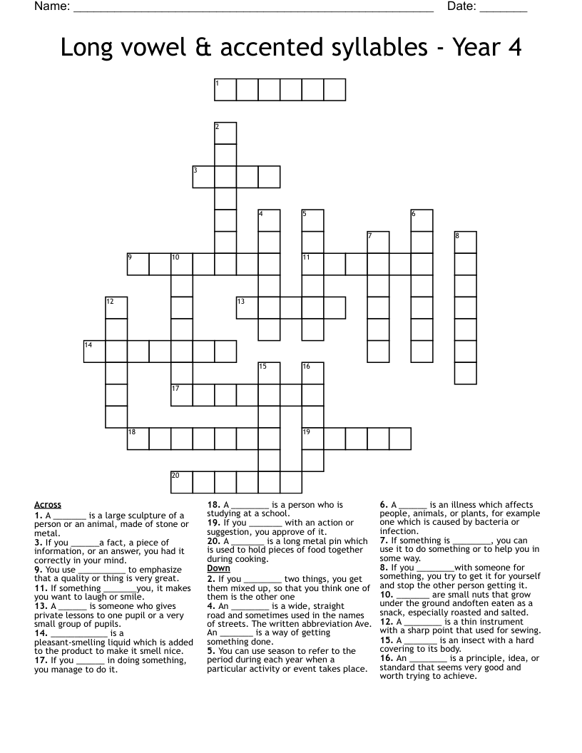 Long vowel & accented syllables - Year 4 Crossword