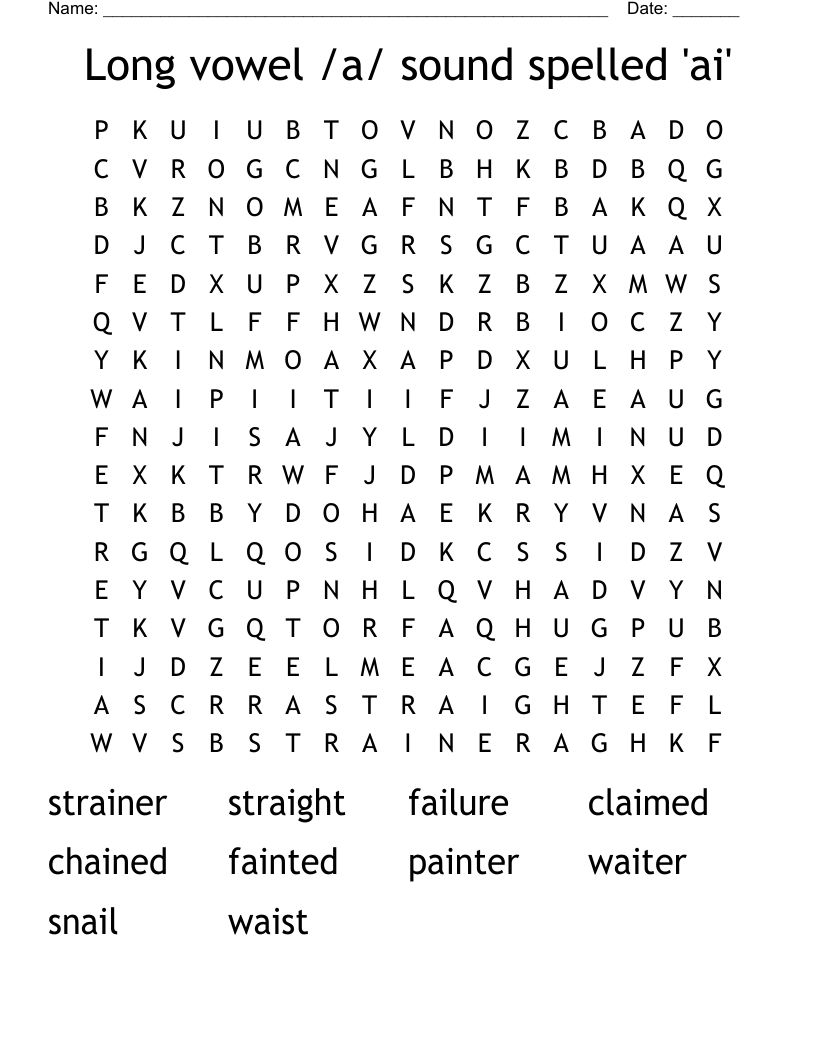 Long vowel /a/ sound spelled 'ai' Word Search