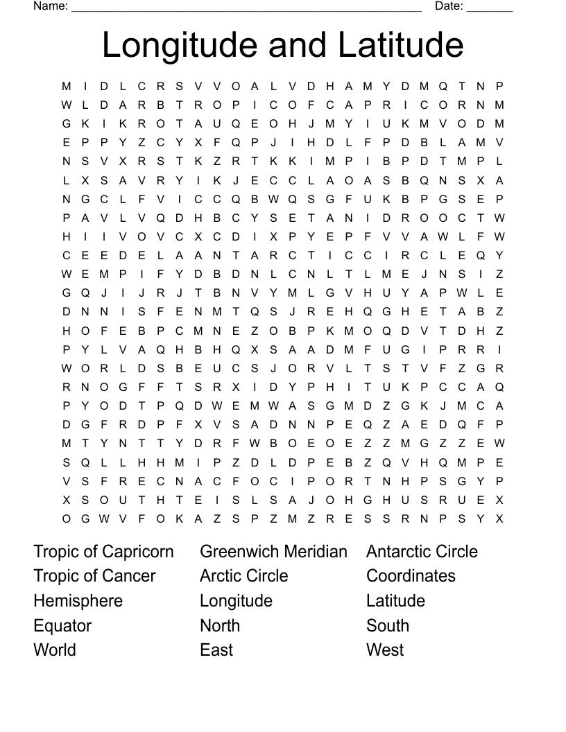 Longitude and Latitude Word Search