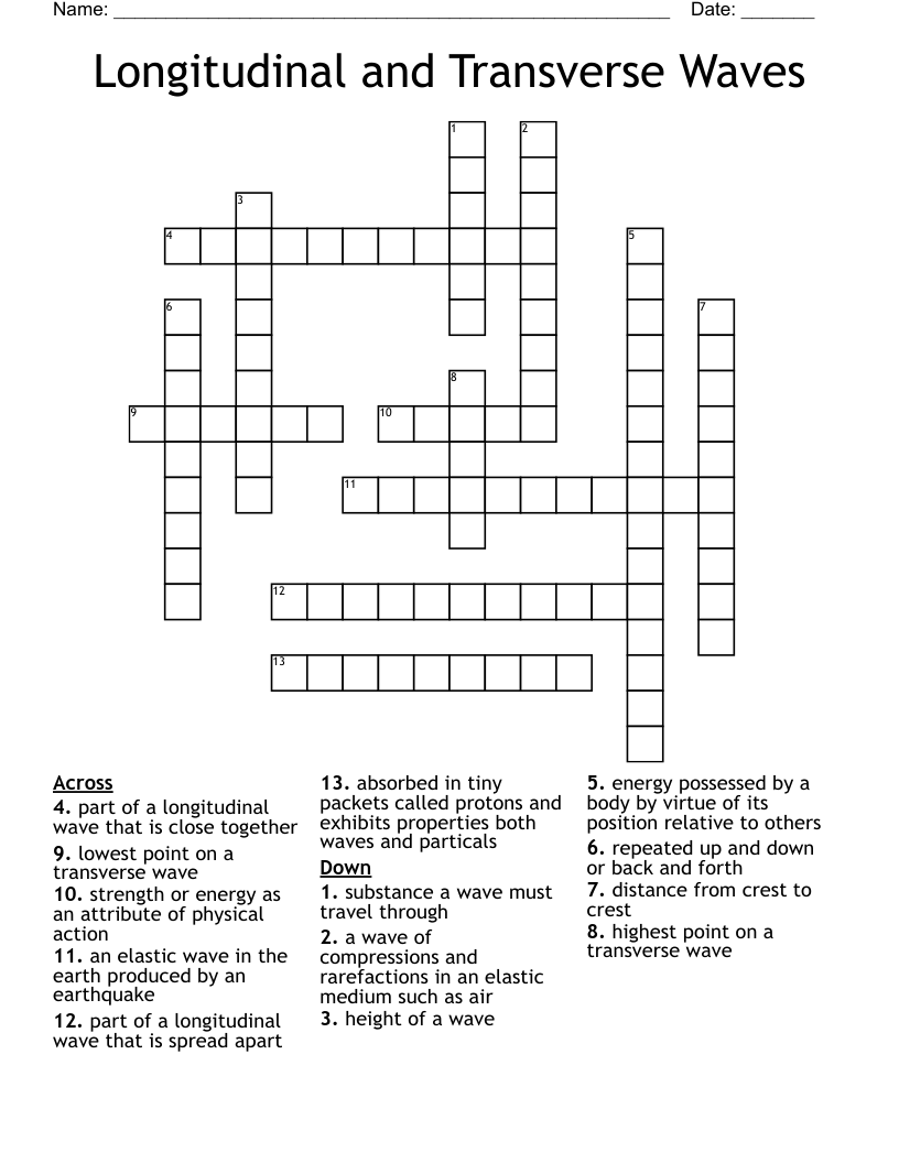 Longitudinal and Transverse Waves Crossword