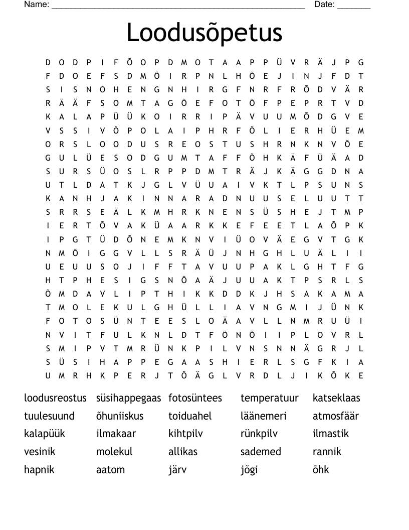 Loodusõpetus Word Search