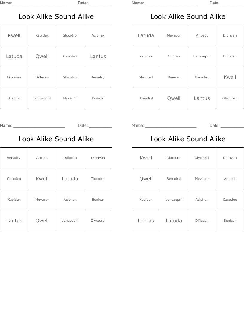 Look Alike Sound Alike Bingo Cards