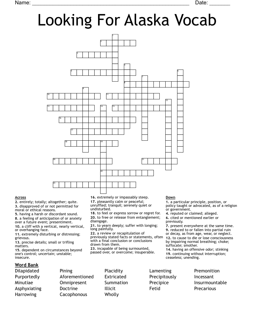 Looking For Alaska Vocab Crossword