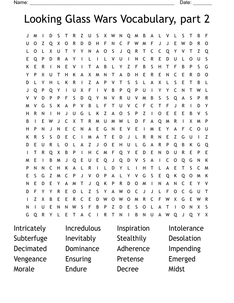 Looking Glass Wars Vocabulary, part 2 Word Search
