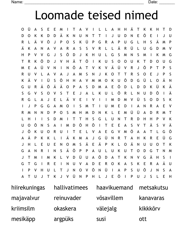 Loomade teised nimed Word Search