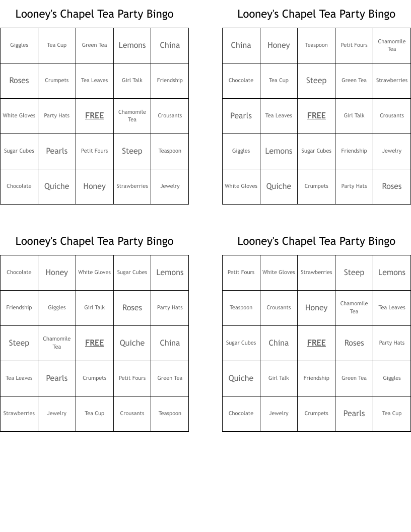 Looney's Chapel Tea Party Bingo