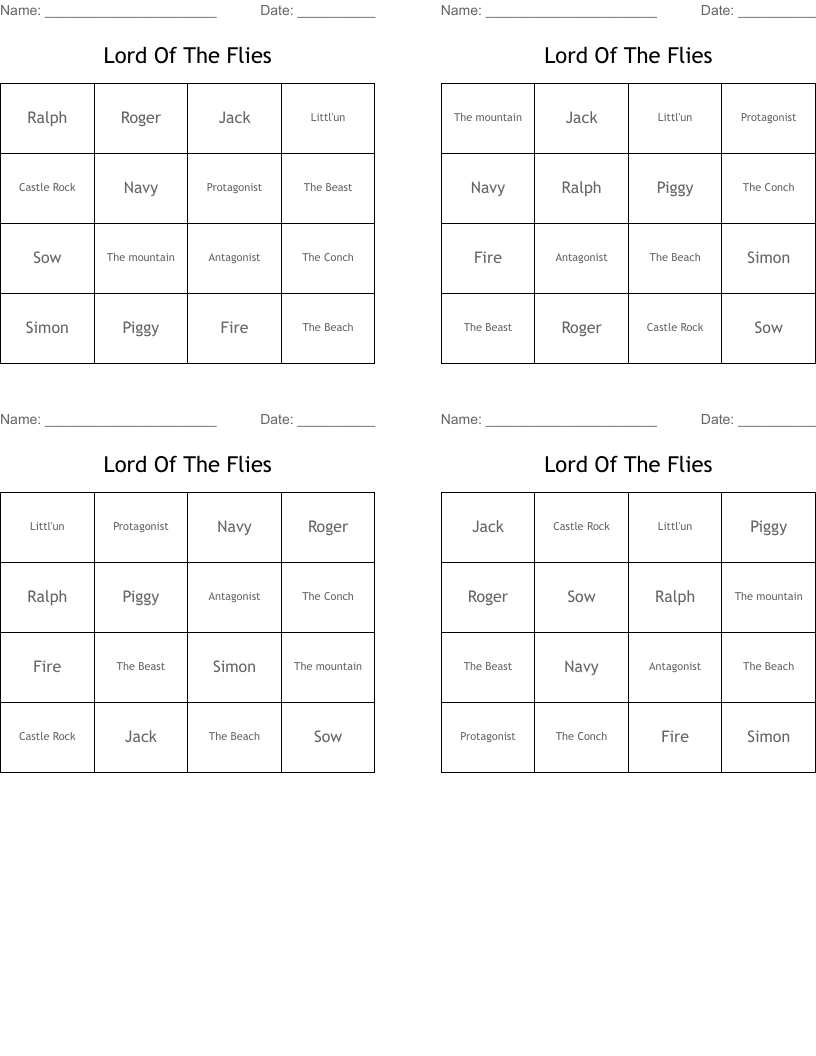 Lord Of The Flies Bingo Cards