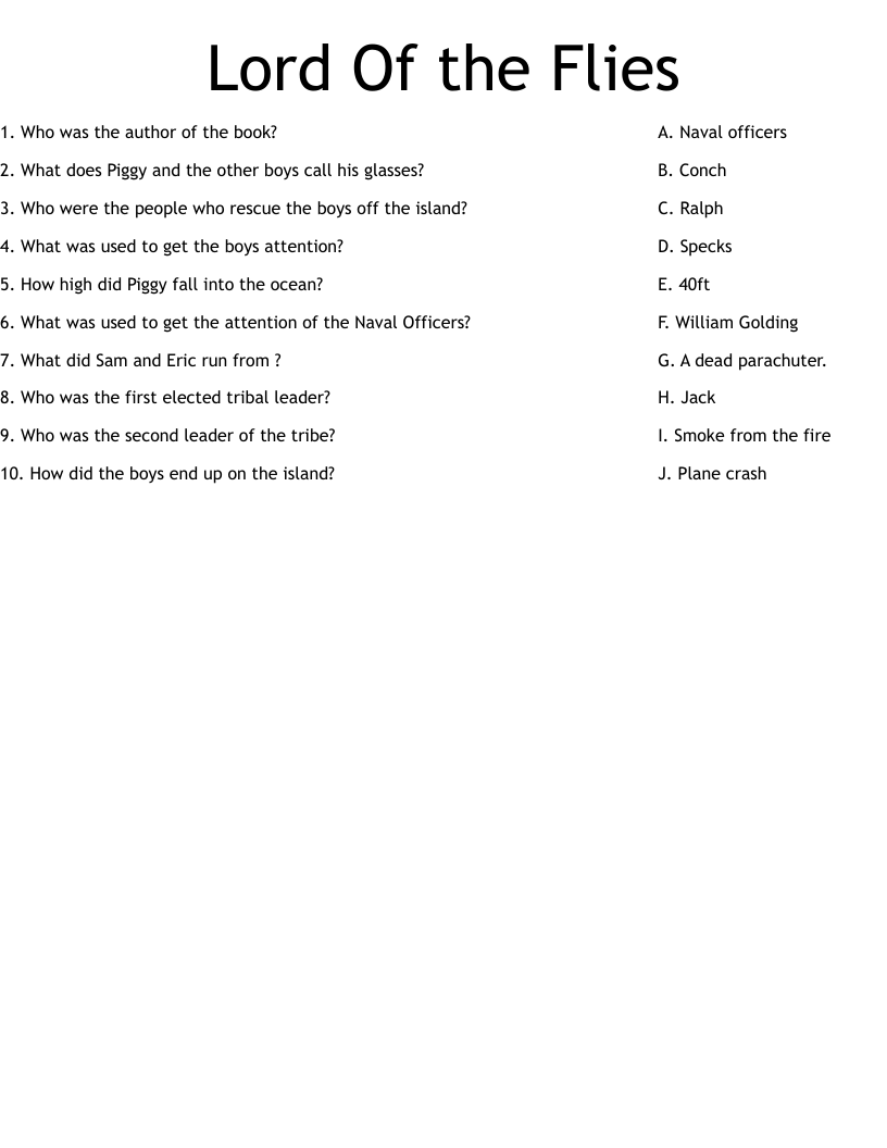 Lord Of the Flies Worksheet