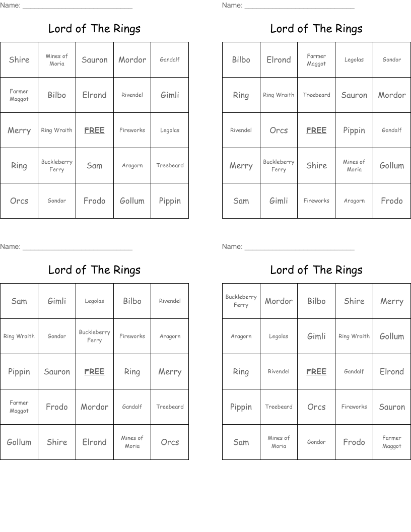 Lord of The Rings Bingo Cards