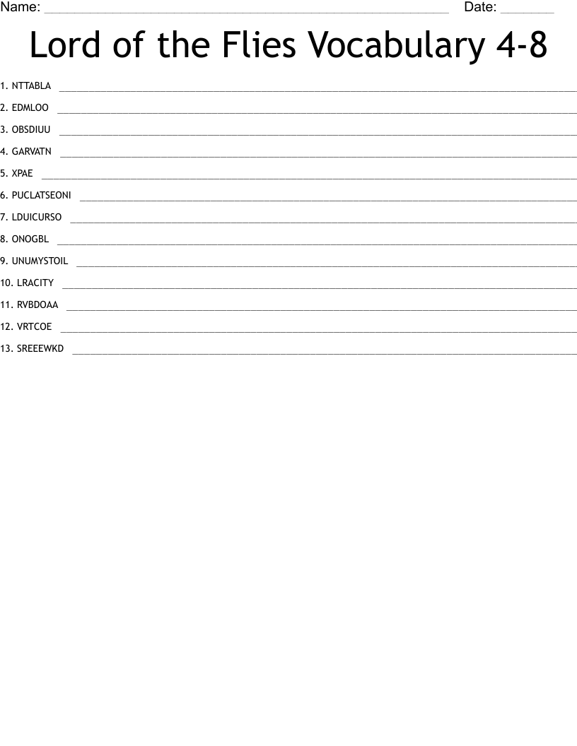 Lord of the Flies Vocabulary 4-8 Word Scramble