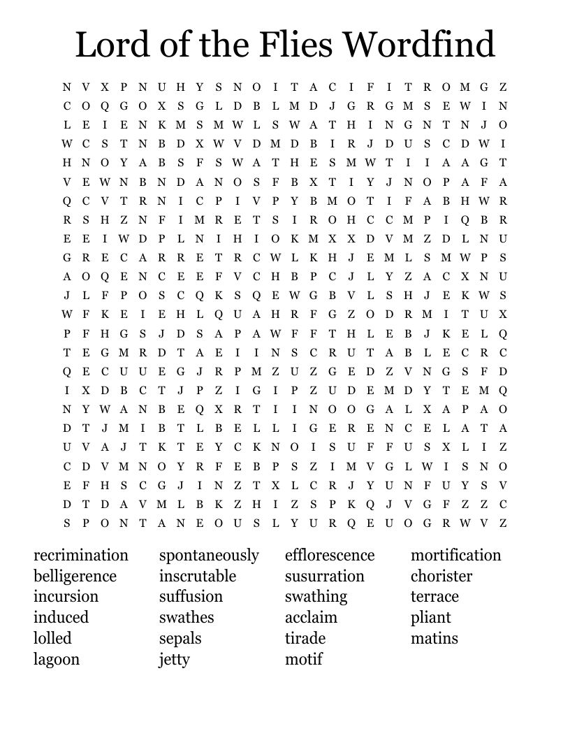 Lord of the Flies Wordfind Word Search