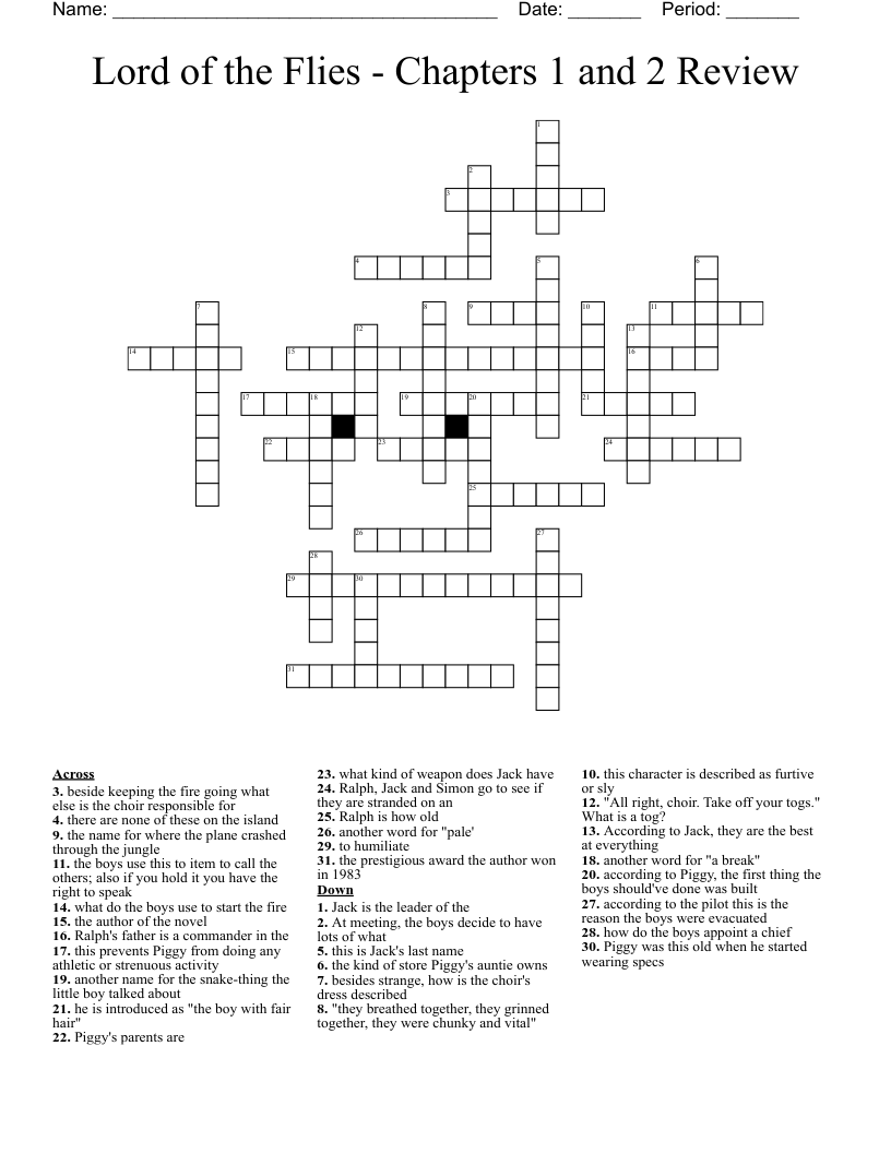 Lord of the Flies - Chapters 1 and 2 Review Crossword