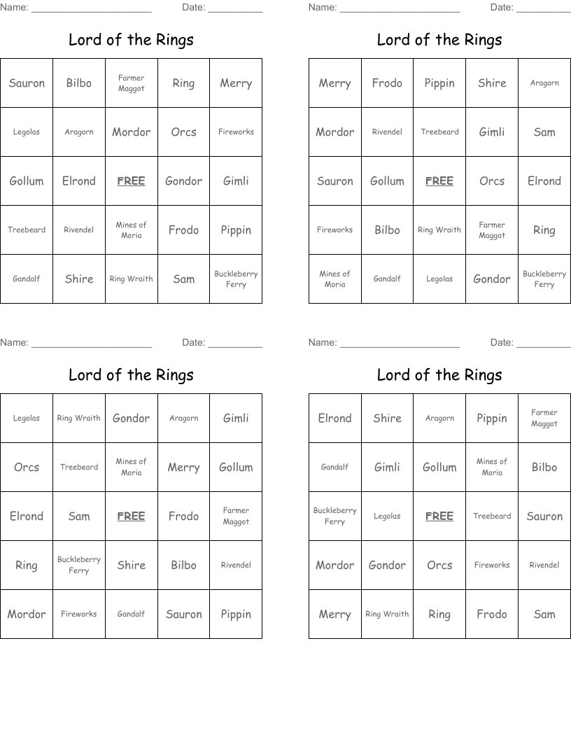 Lord of the Rings Bingo Cards