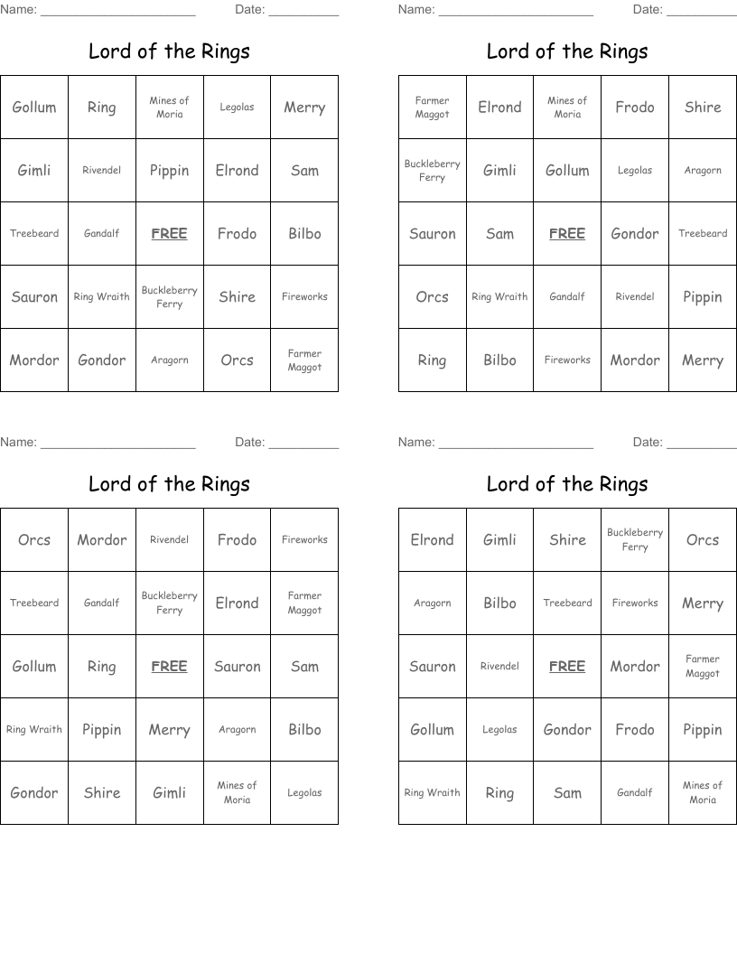 Lord of the Rings Bingo Cards