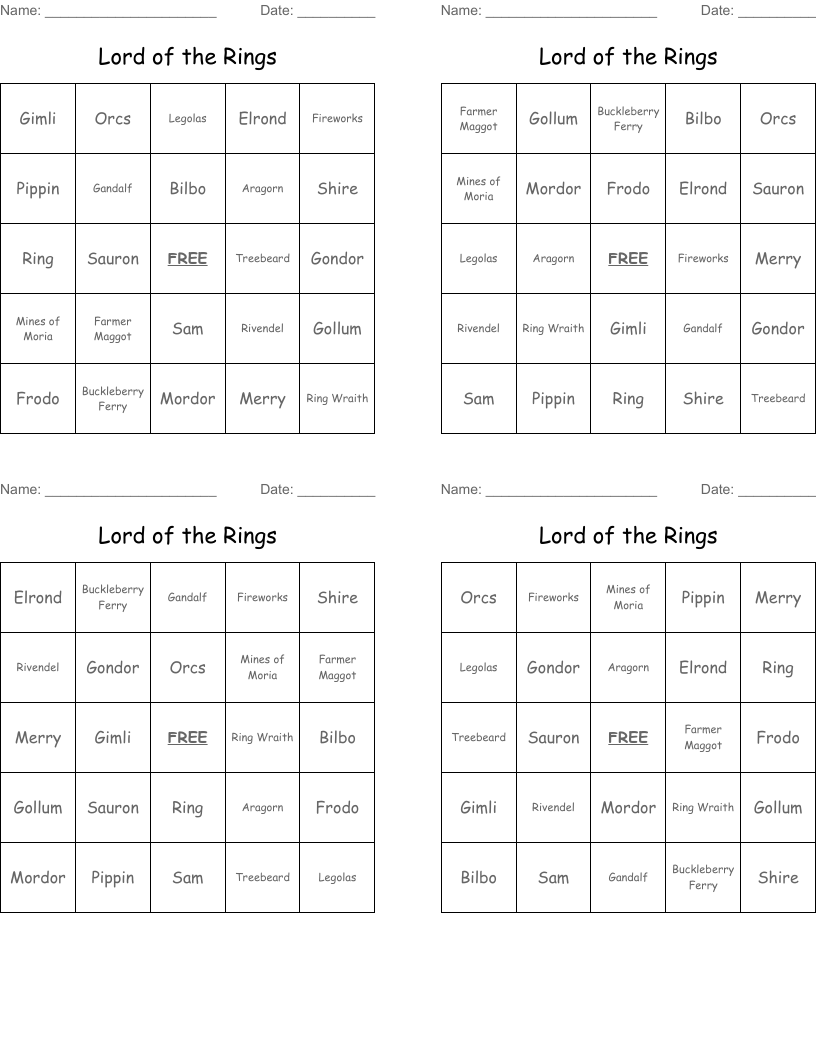 Lord of the Rings Bingo Cards