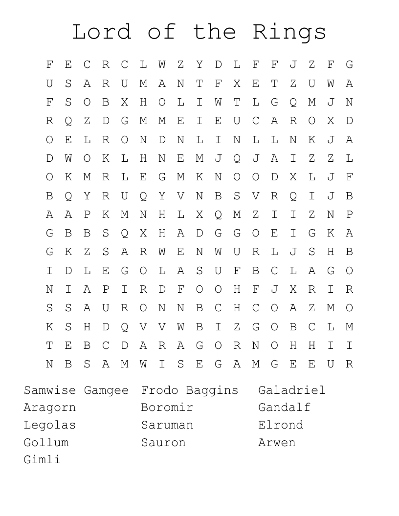 Lord of the Rings Word Search