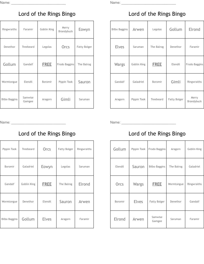 Lord of the Rings Bingo