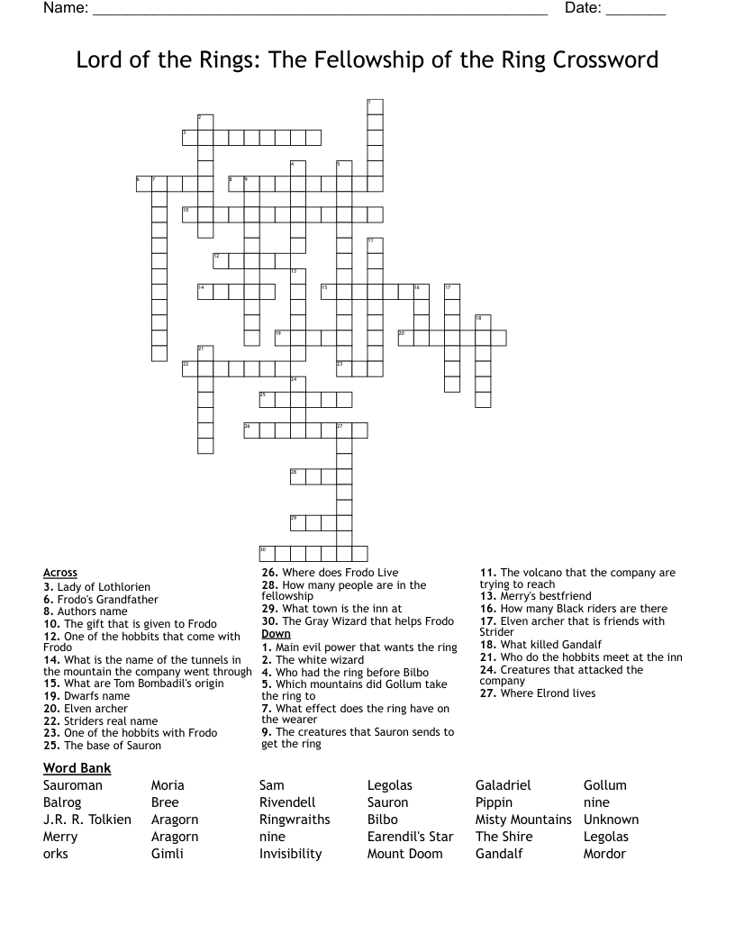 Lord of the Rings: The Fellowship of the Ring Crossword