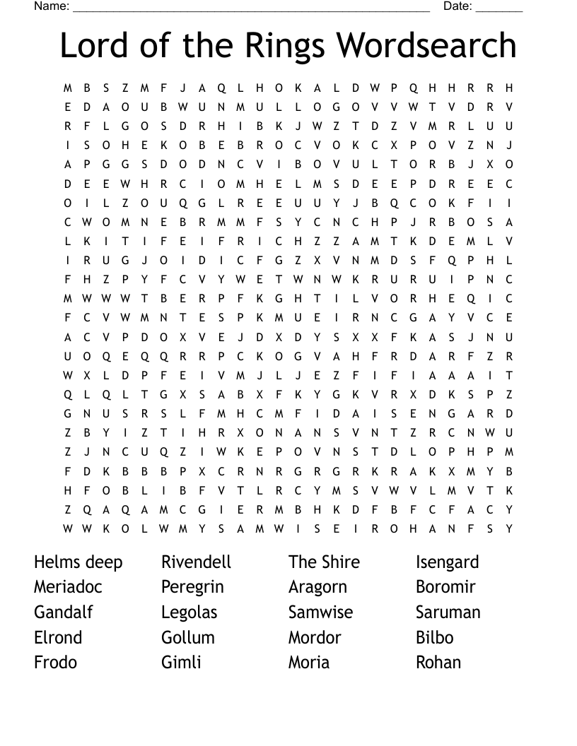 Lord of the Rings Wordsearch
