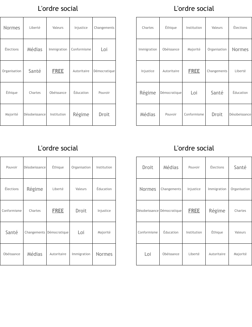 L'ordre social Bingo Cards