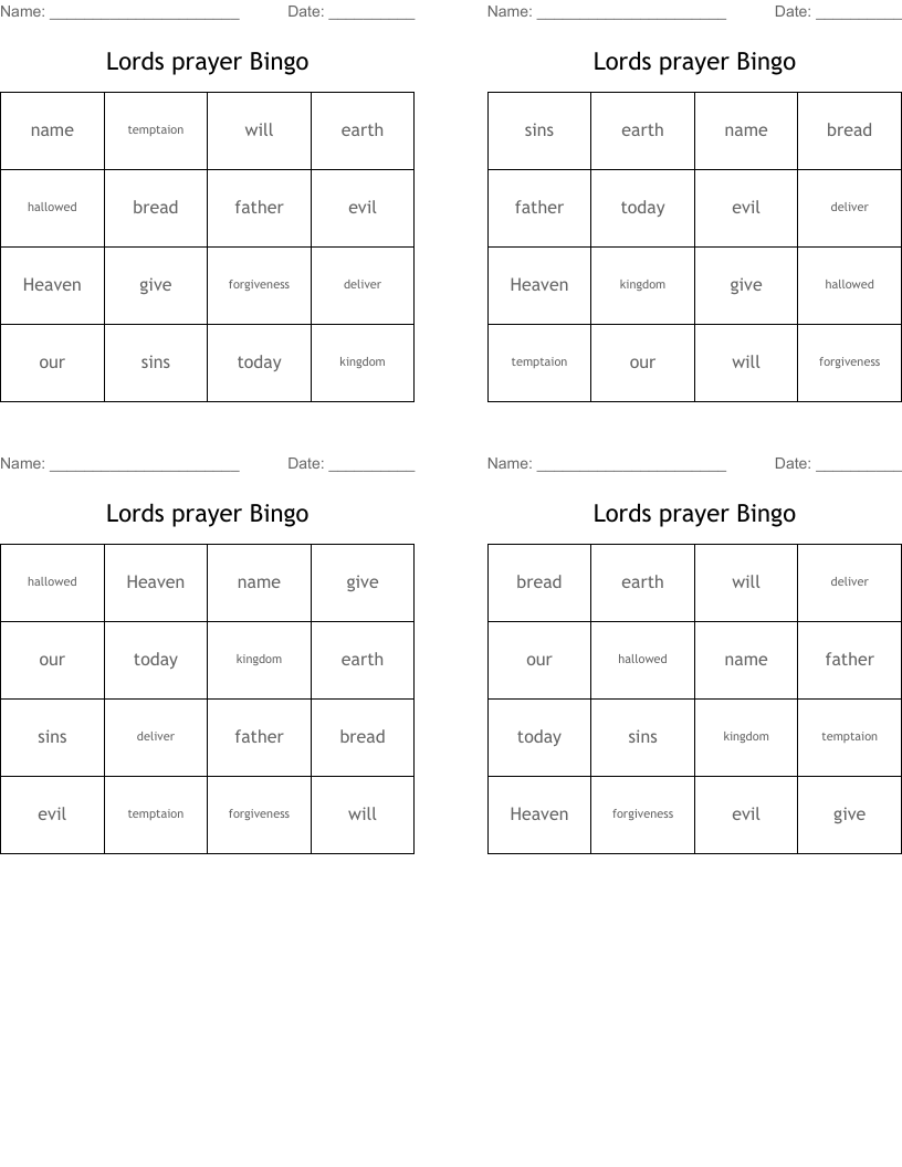 Lords prayer Bingo