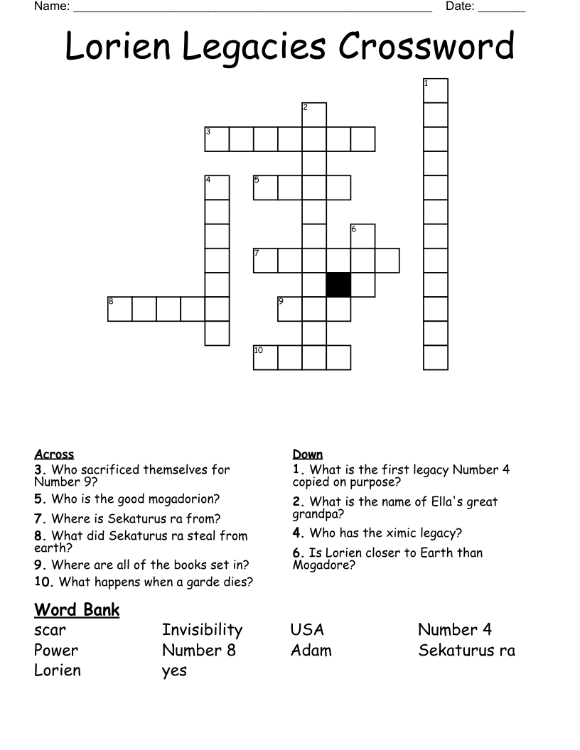 Lorien Legacies Crossword