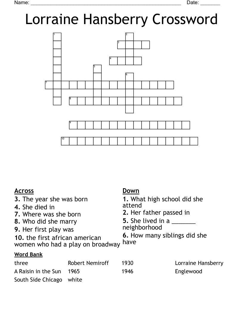 Lorraine Hansberry Crossword