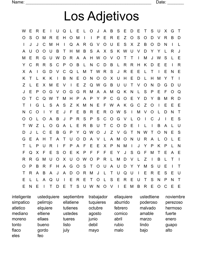 Los Adjetivos Word Search