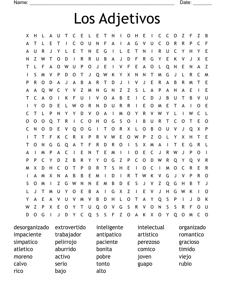 Los Adjetivos Word Search