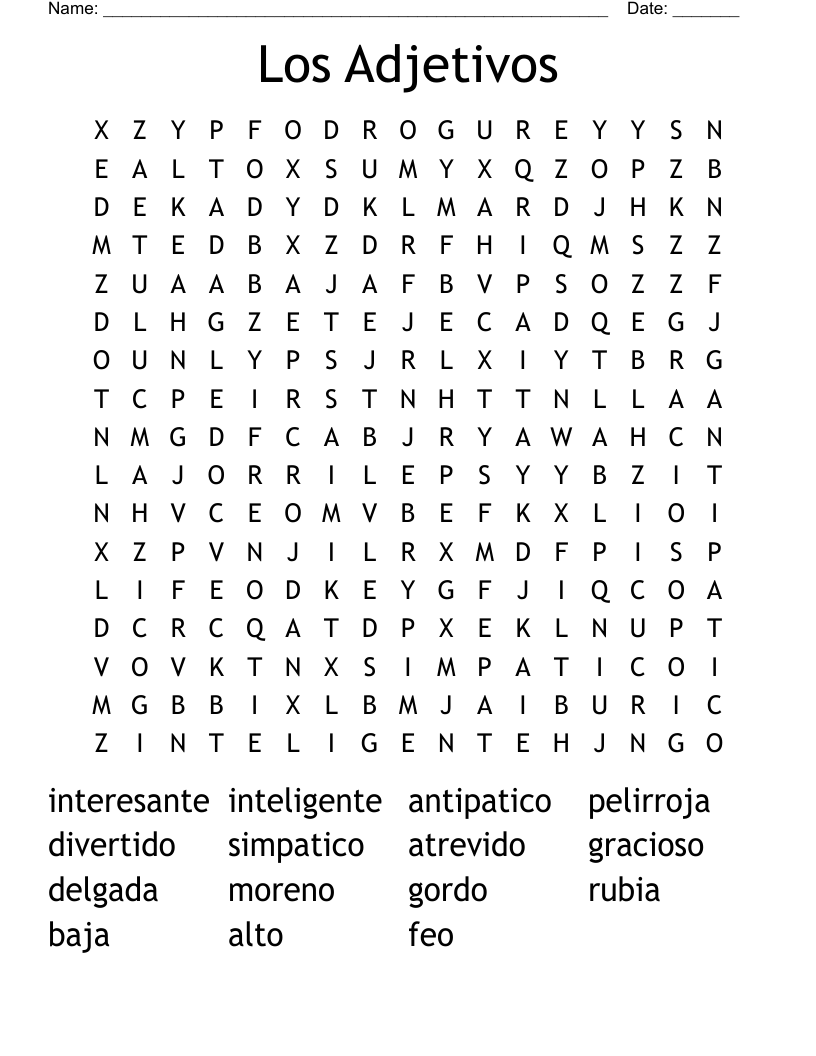 Los Adjetivos   Word Search