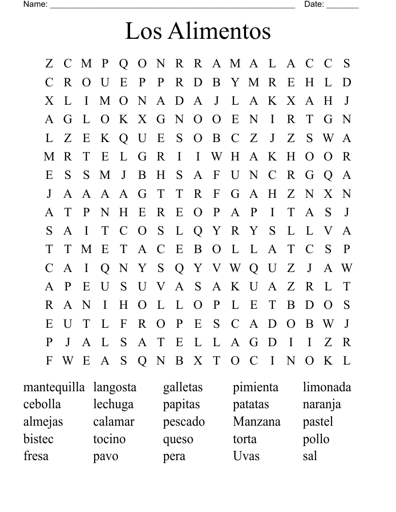 Los Alimentos Word Search