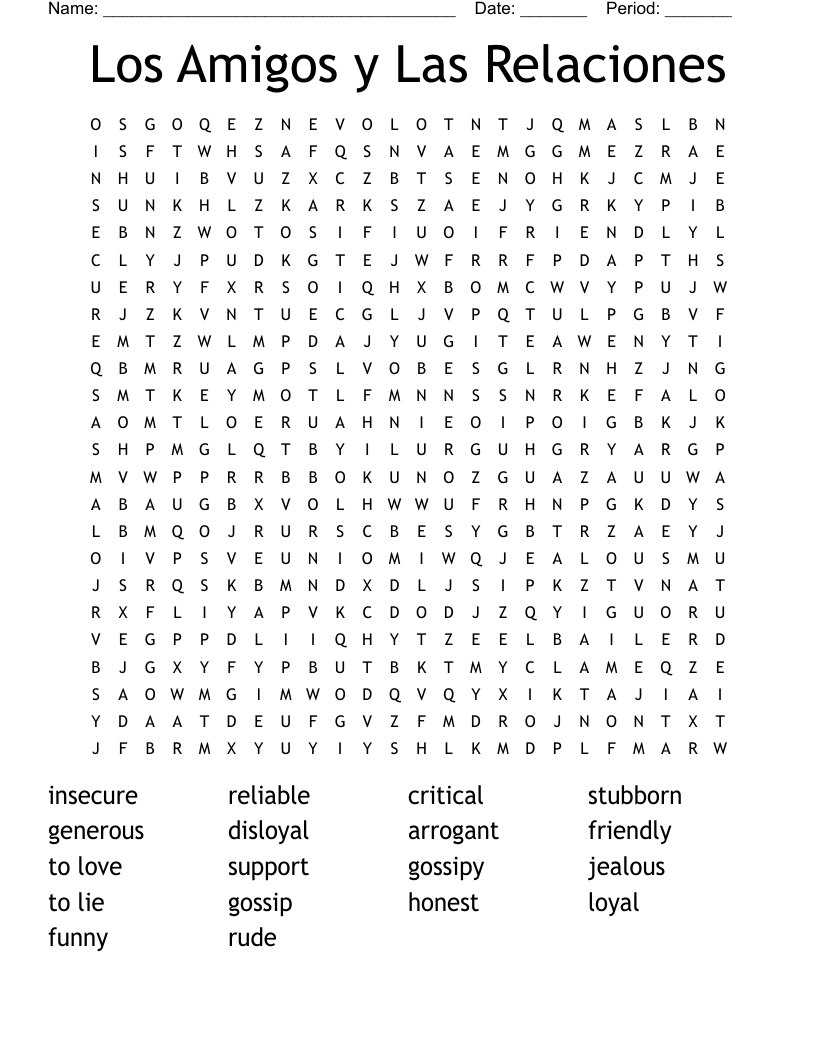 Los Amigos y Las Relaciones Word Search