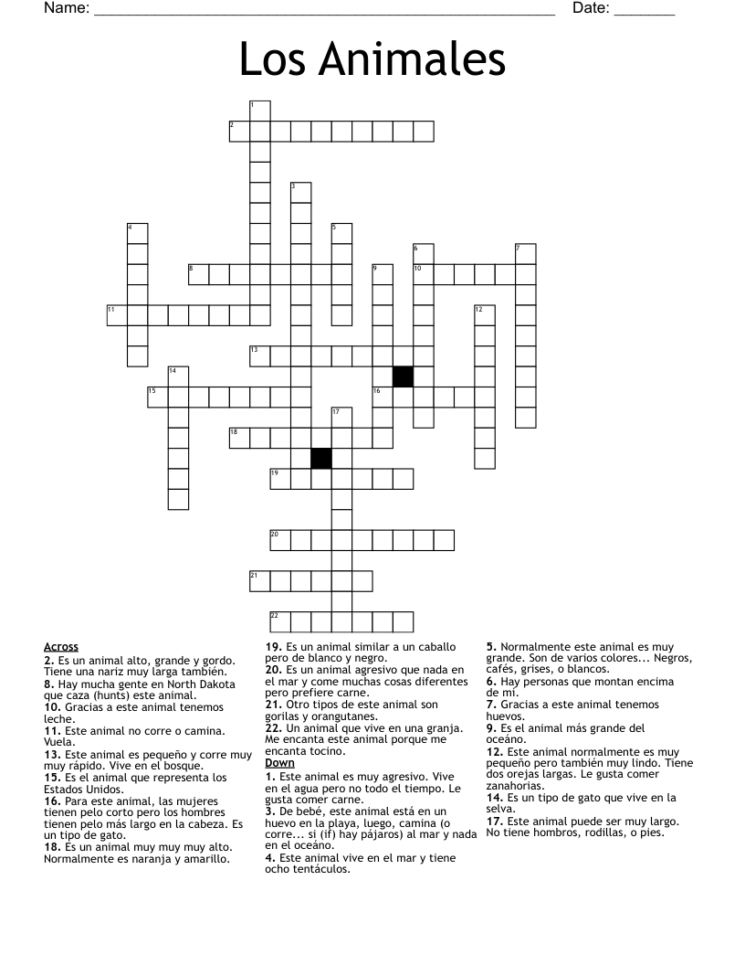Los Animales Crossword