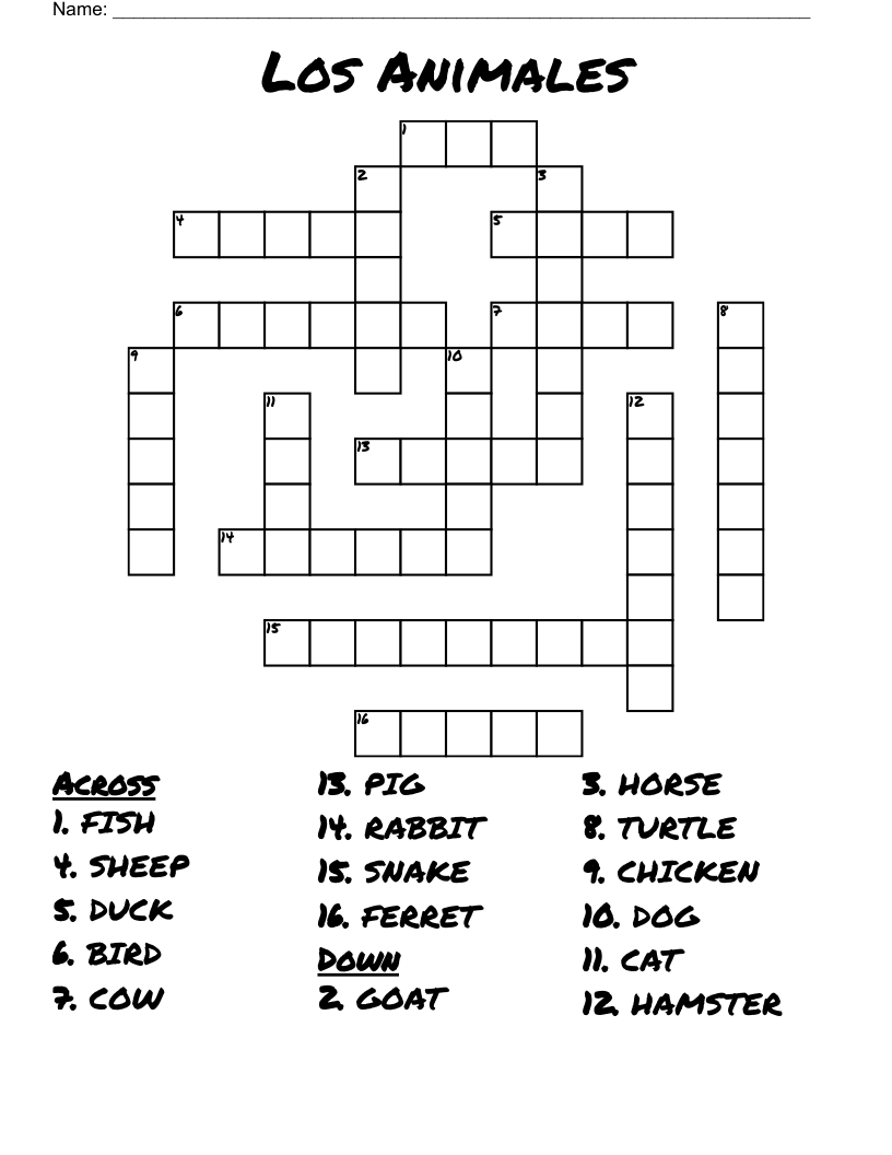 Los Animales Crossword