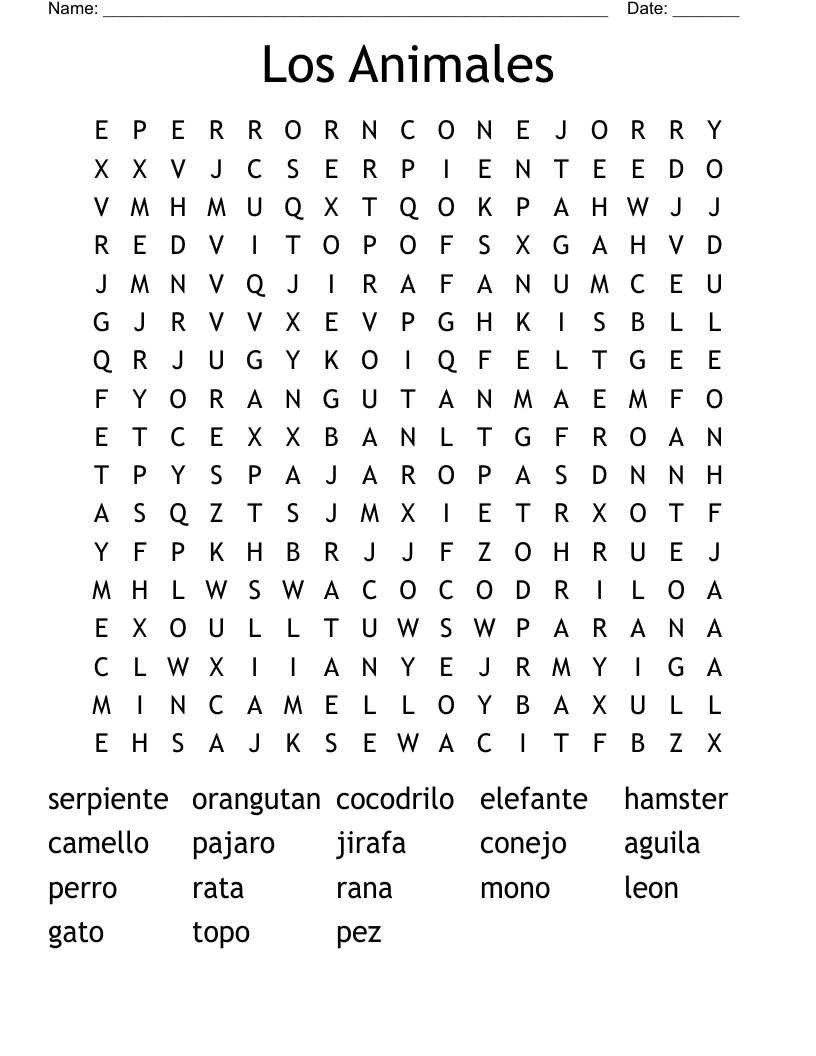 Los Animales Word Search