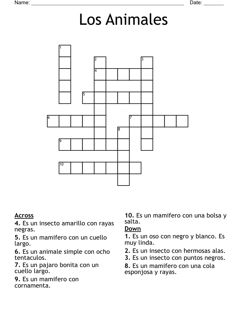 Los Animales Crossword