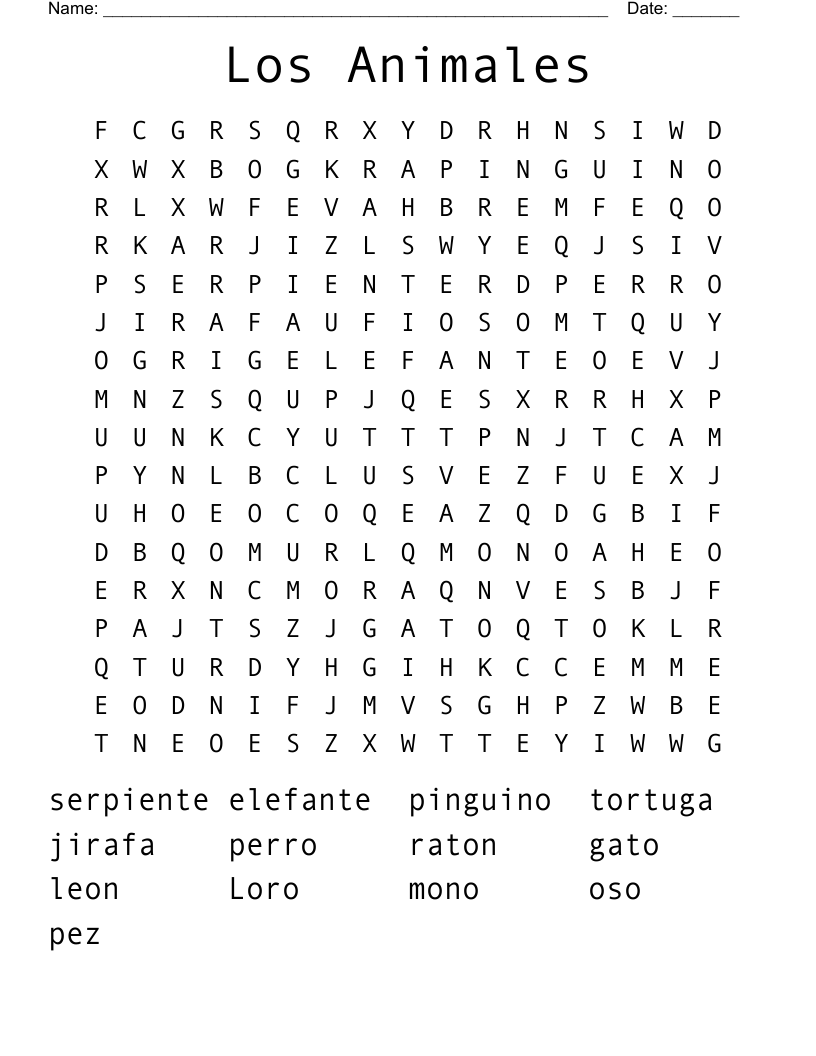 Los Animales Word Search