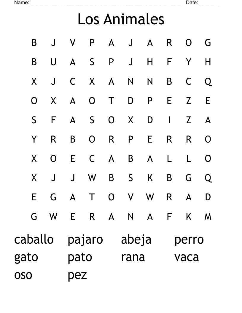 Los Animales Word Search