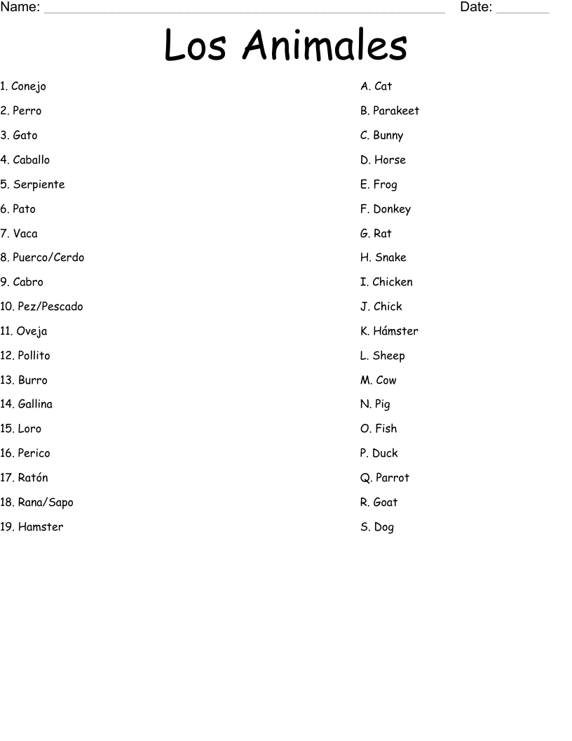 Los Animales  Worksheet