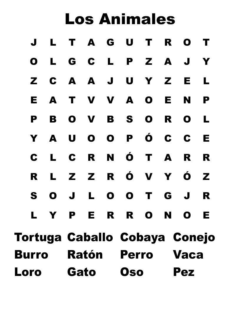 Los Animales  Word Search