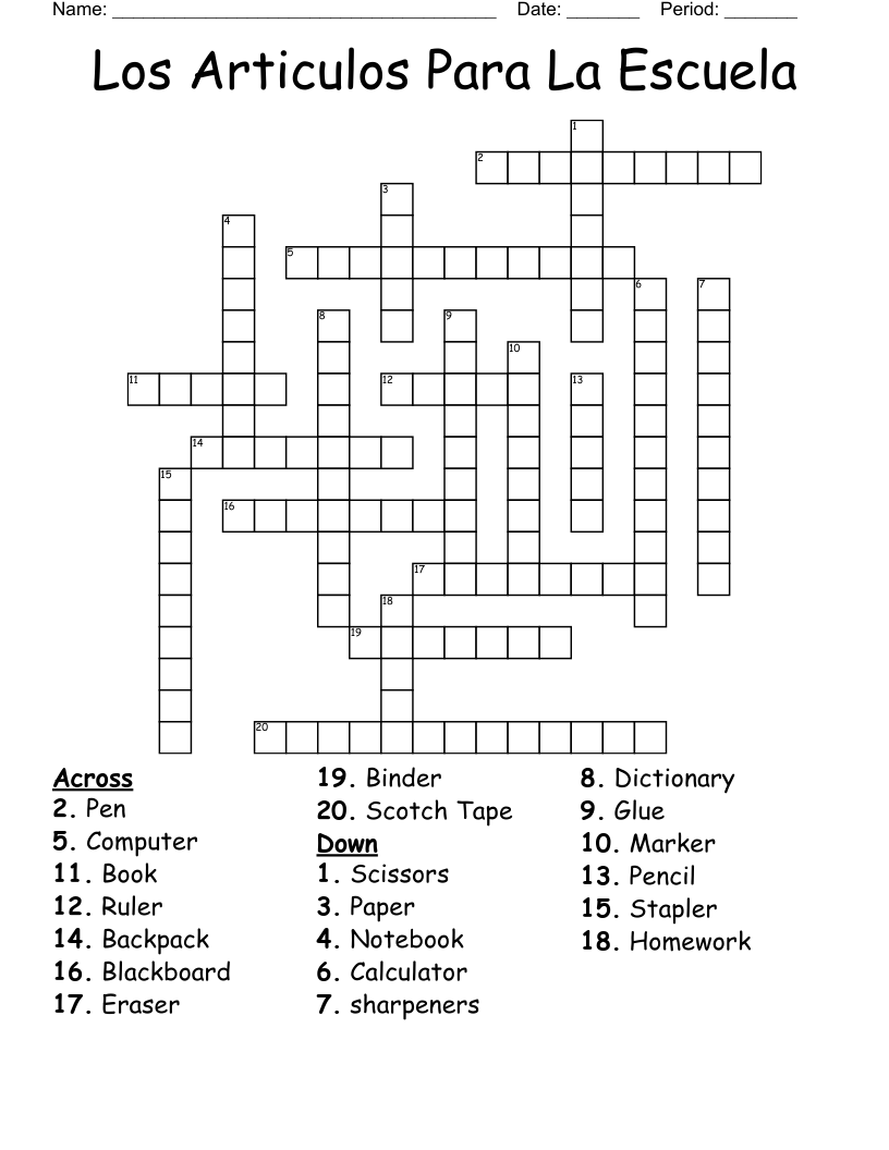 Los Articulos Para La Escuela Crossword
