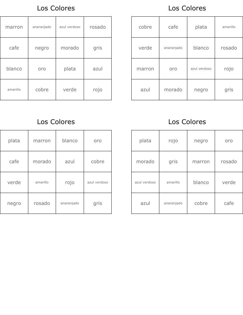 Los Colores Bingo Cards