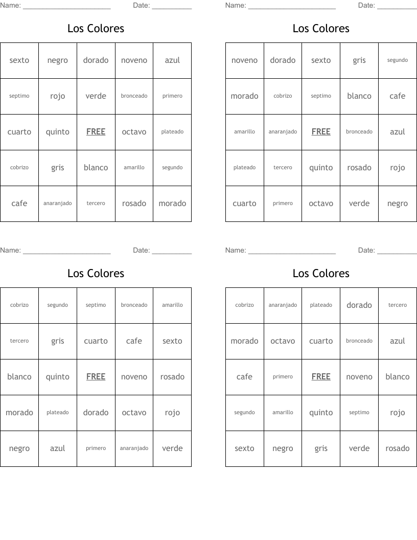 Los Colores Bingo Cards