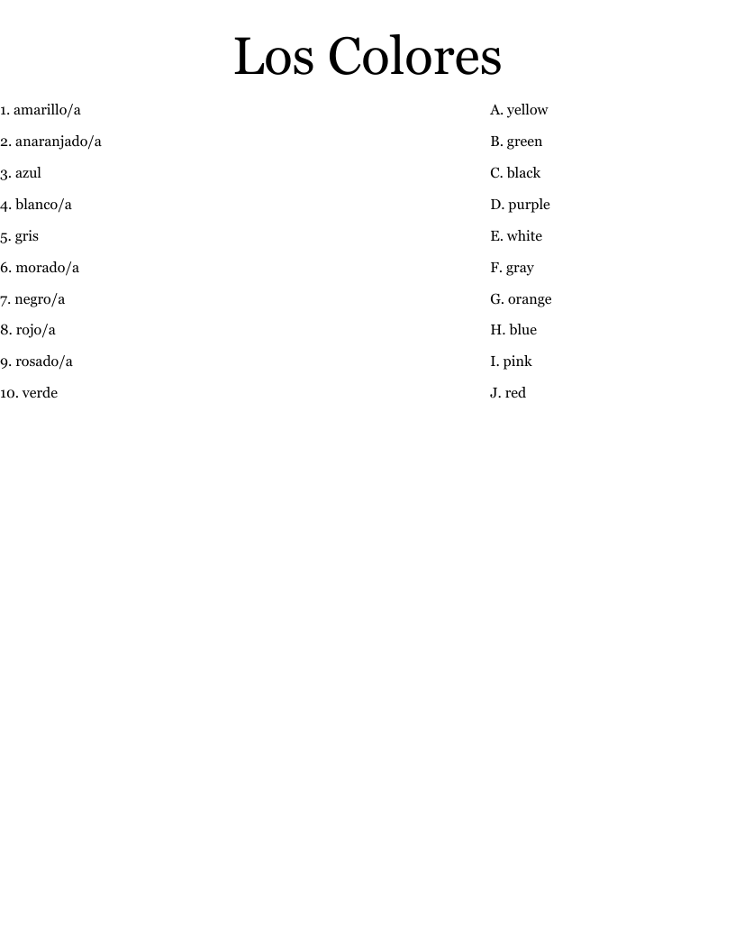 Los Colores Worksheet