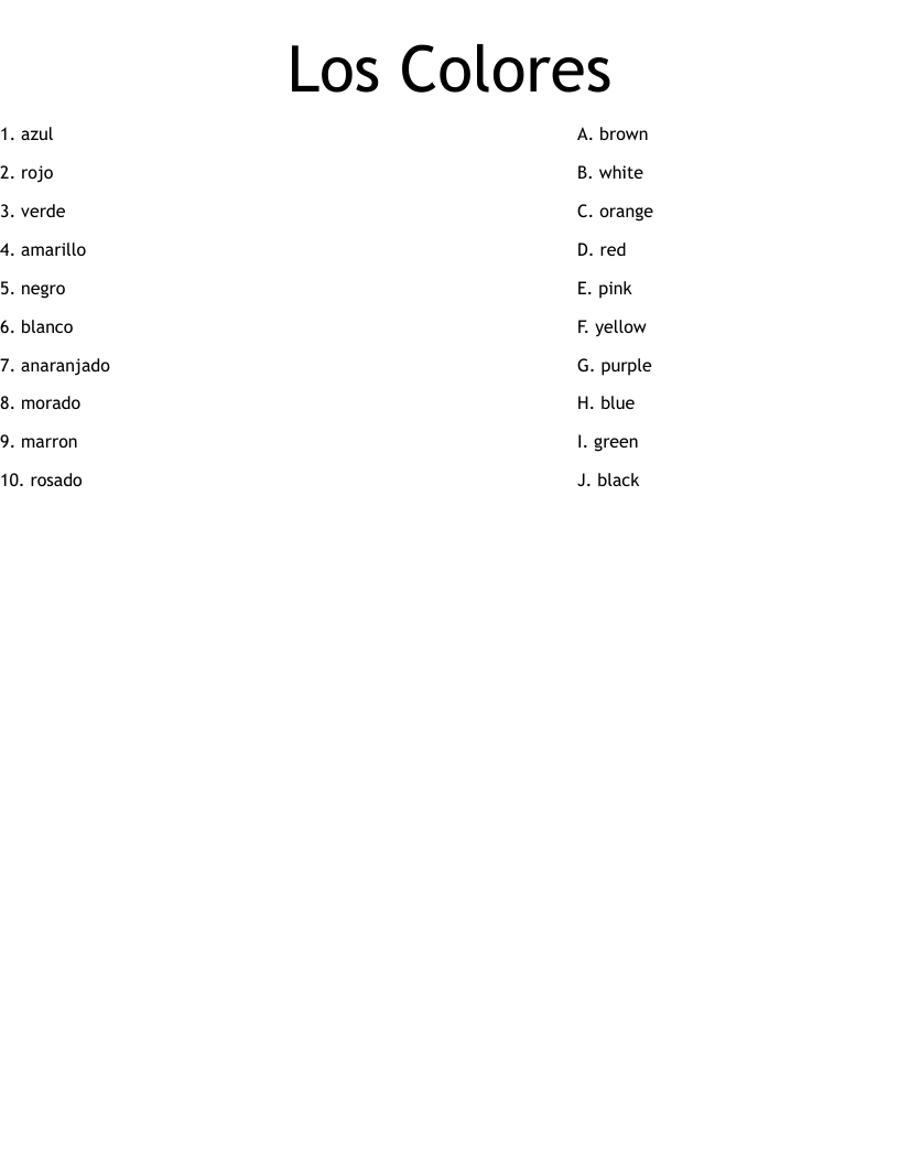 Los Colores Worksheet