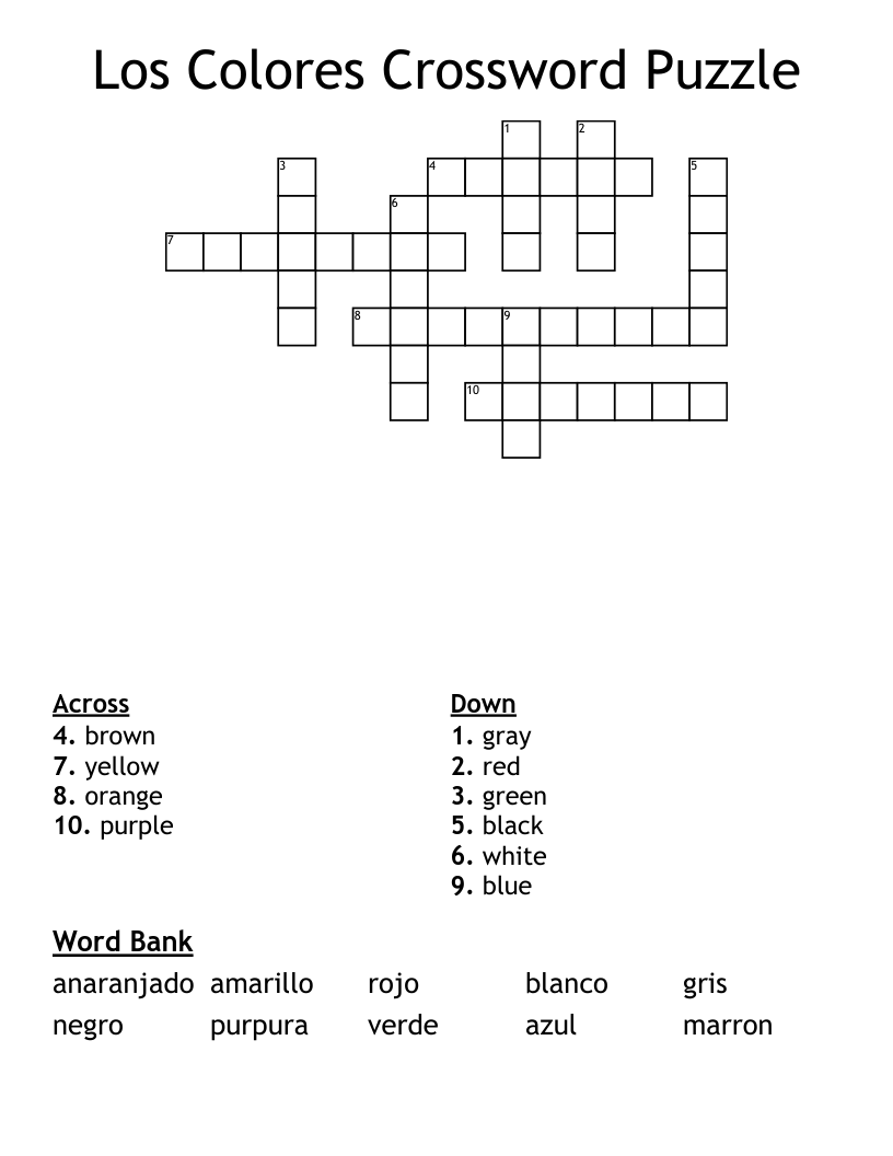 Los Colores Crossword Puzzle