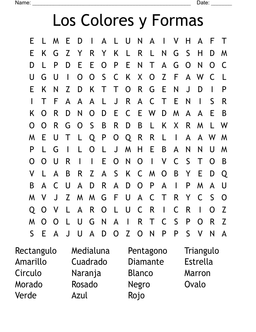 Los Colores y Formas Word Search