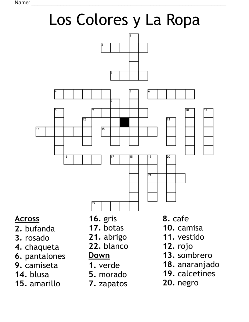 Los Colores y La Ropa Crossword