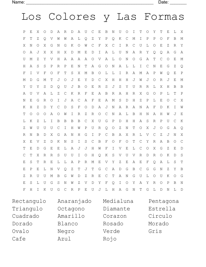 Los Colores y Las Formas Word Search