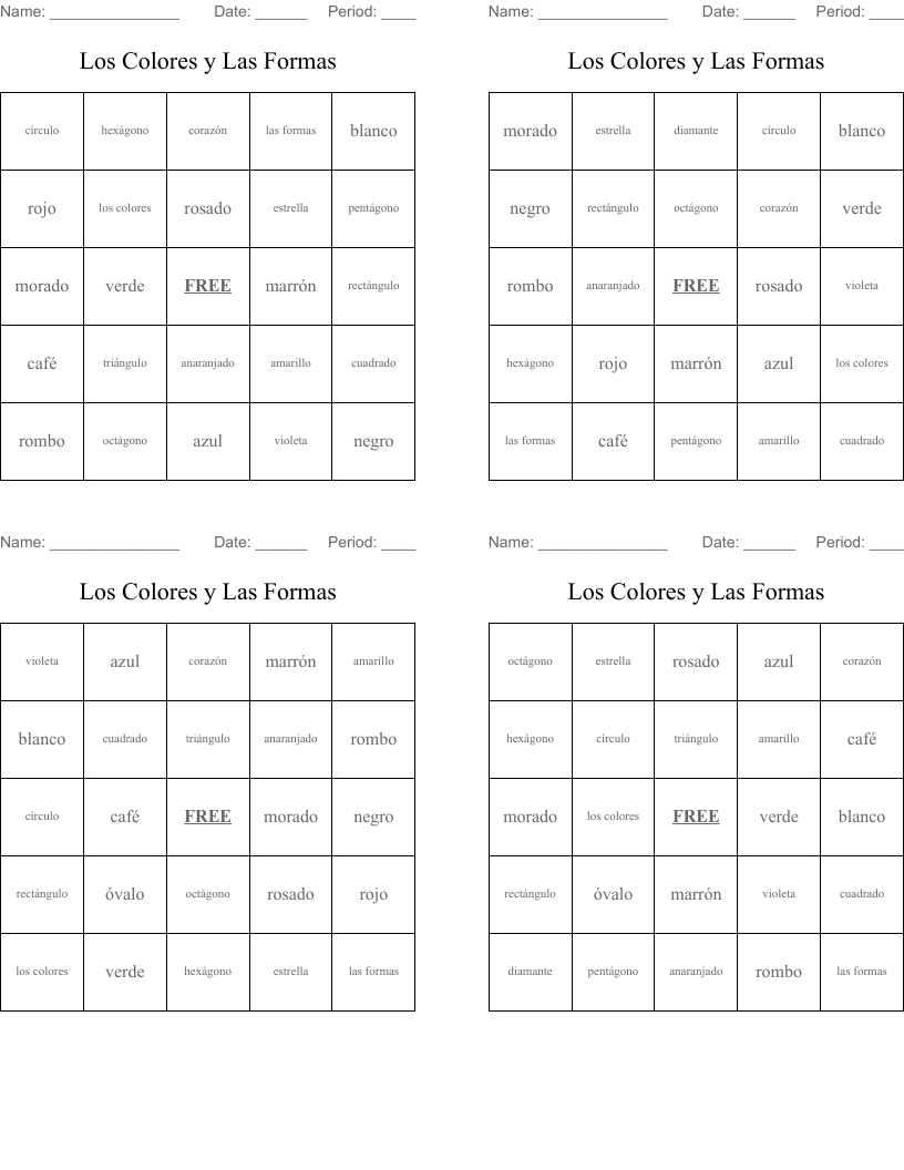 Los Colores y Las Formas Bingo Cards